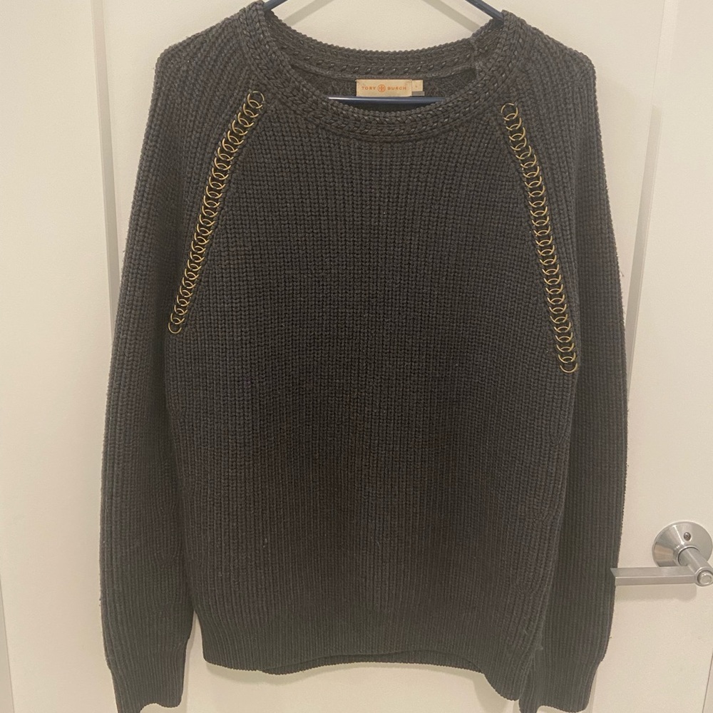Tory Burch Dark Grey Wool sweater with leather and metal detail, size L